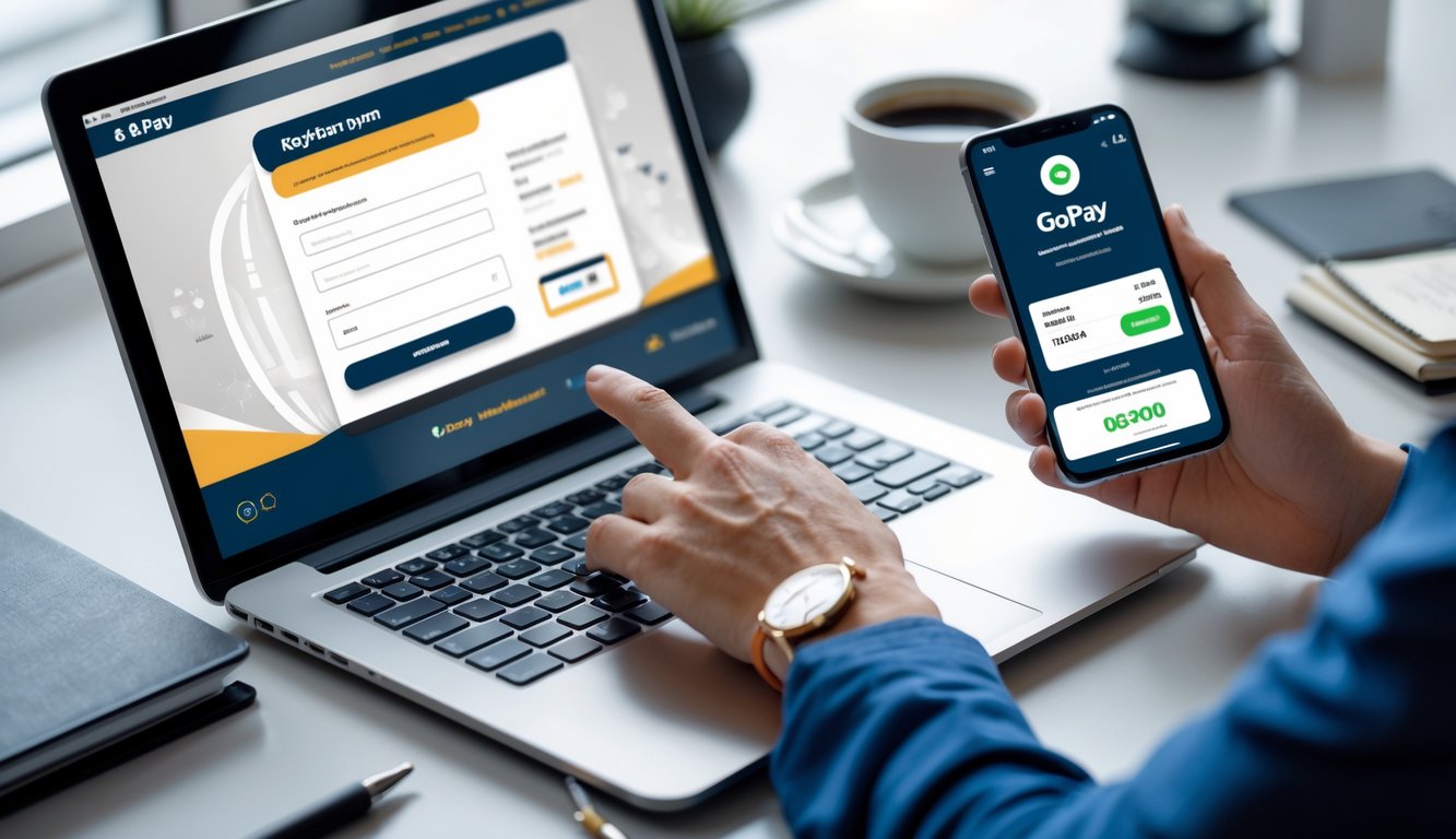 Seseorang menggunakan laptop dan ponsel untuk mendaftar dan melakukan pembayaran online dengan aplikasi GoPay.