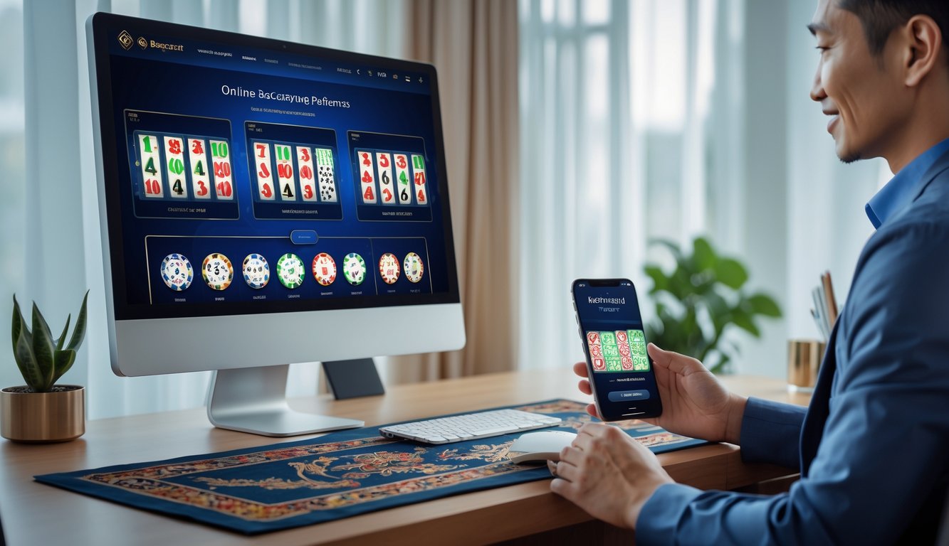 Seorang pemain Indonesia menggunakan komputer dan ponsel untuk bermain baccarat online di meja kerja yang bersih dengan elemen batik di latar belakang.