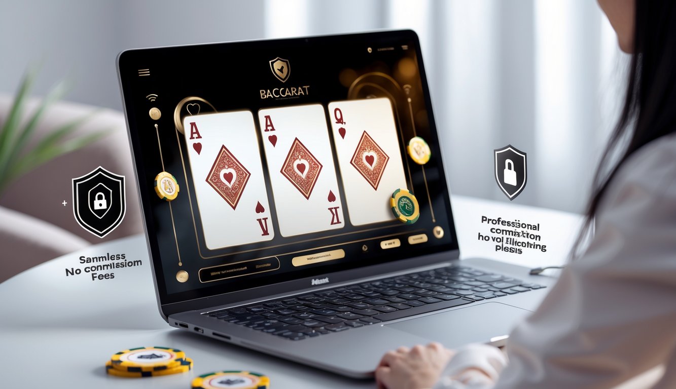 Layar komputer menampilkan permainan baccarat online dengan kartu dan chip, dikelilingi simbol keamanan dan latar belakang minimalis.