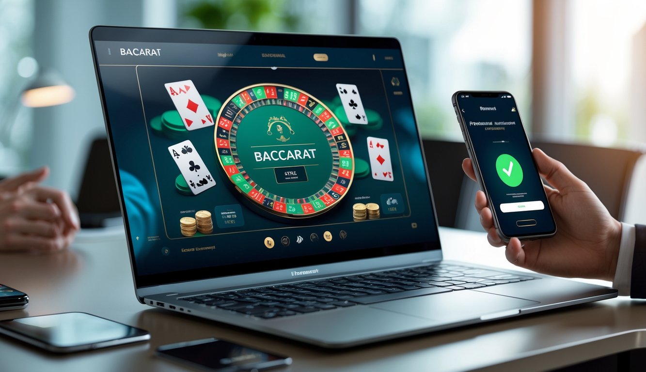 Seorang profesional menggunakan laptop dan ponsel untuk bermain baccarat online dengan sistem pembayaran cepat di lingkungan kantor yang rapi.
