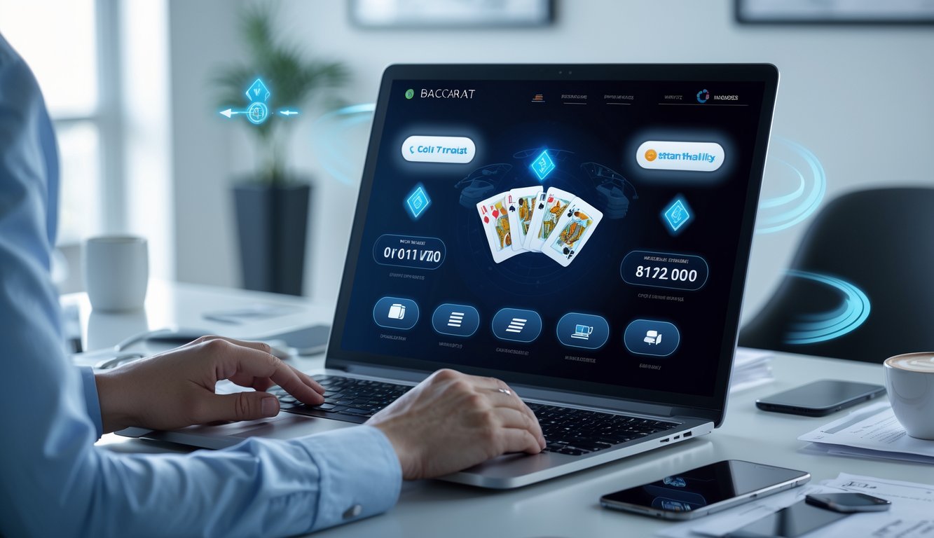 Seseorang menggunakan laptop dengan layar menampilkan permainan baccarat online dan ikon pembayaran digital di sekitarnya.