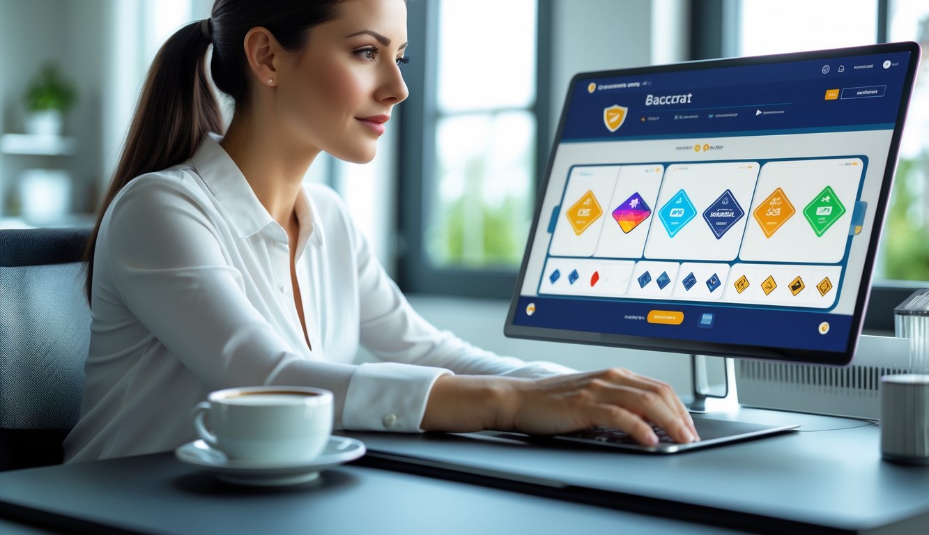 Seorang wanita muda duduk di meja dengan laptop menampilkan permainan baccarat online, di ruang kerja yang terang dan rapi.