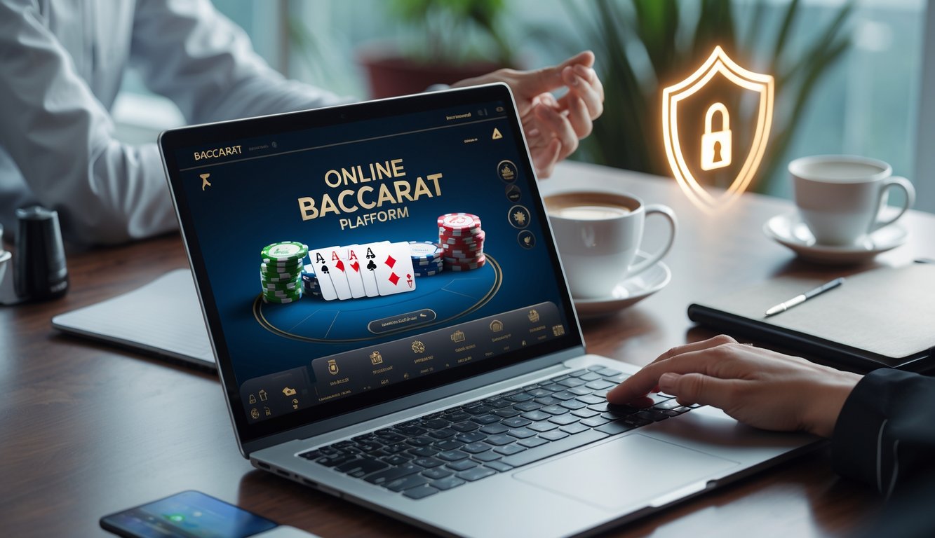 Seseorang menggunakan laptop yang menampilkan permainan baccarat online dengan suasana kerja yang rapi dan elemen simbol keamanan di latar belakang.