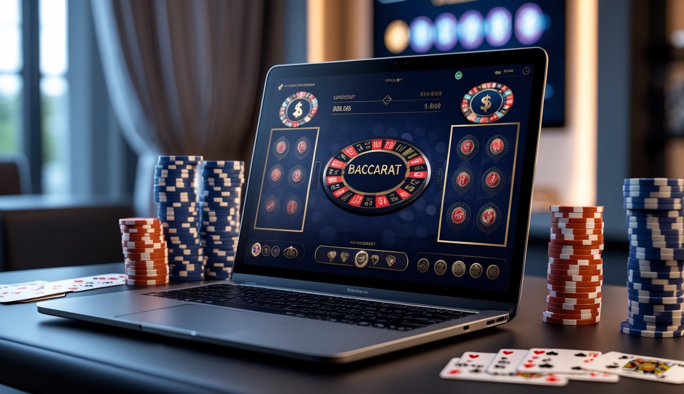 Sebuah meja dengan komputer menampilkan permainan baccarat online, dikelilingi oleh tumpukan chip poker dan kartu remi, dengan suasana ruangan yang terang dan modern.