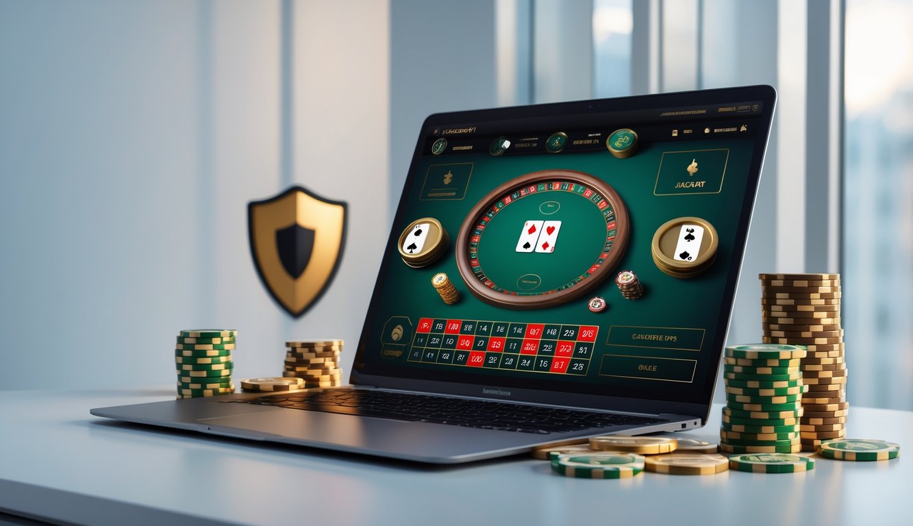 Seorang pengguna sedang bermain baccarat online di komputer dengan tumpukan chip dan simbol keamanan di sekitar layar.