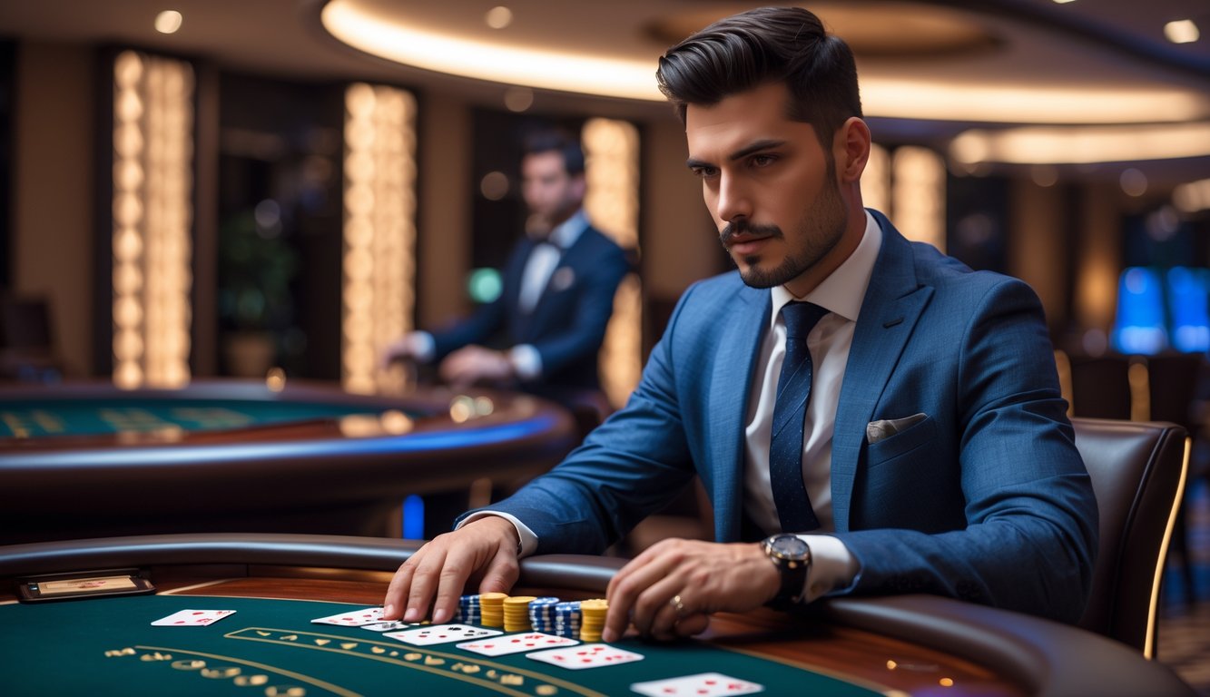 Seorang pria duduk di meja permainan baccarat di kasino dengan ekspresi fokus dan percaya diri.