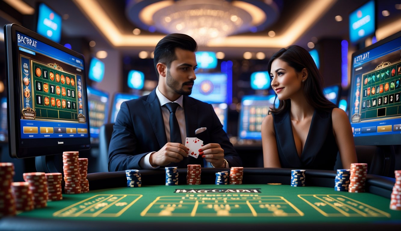 Seorang pria dan wanita duduk di meja permainan baccarat dengan layar komputer menampilkan permainan di latar belakang.