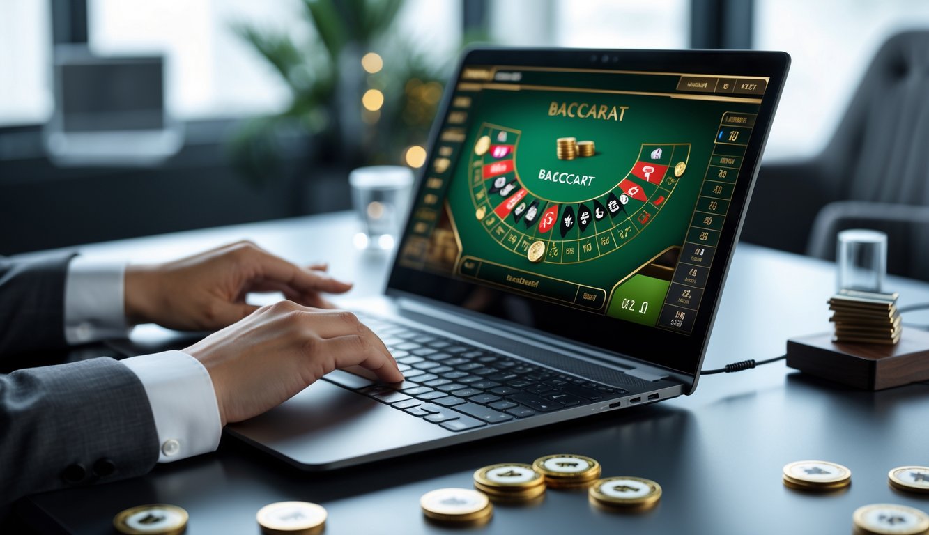 Seseorang menggunakan laptop dengan layar menampilkan permainan baccarat online di meja kerja minimalis.