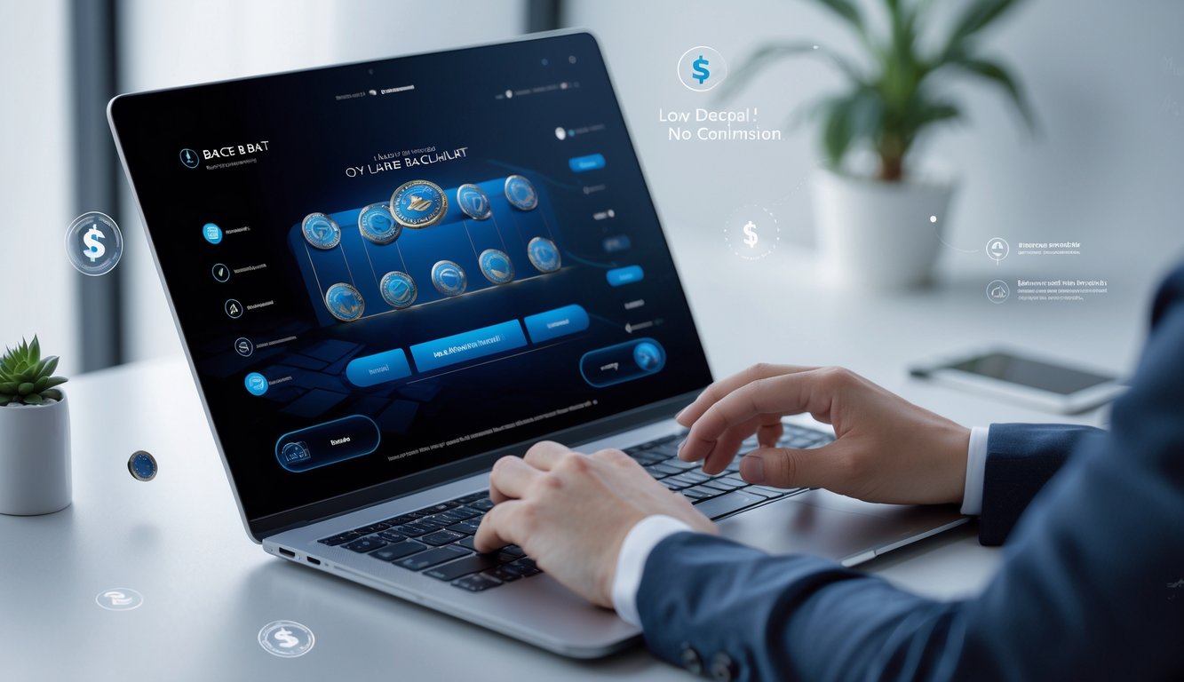 Tangan seseorang menggunakan laptop dengan tampilan platform baccarat online yang modern di layar.