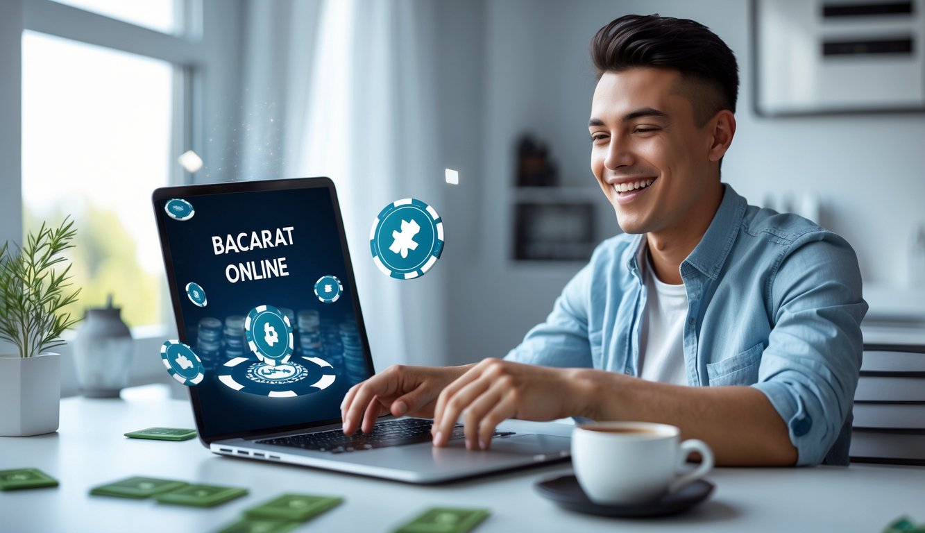 Seorang pemula sedang bermain baccarat online dengan laptop di meja kerja yang rapi di rumah.