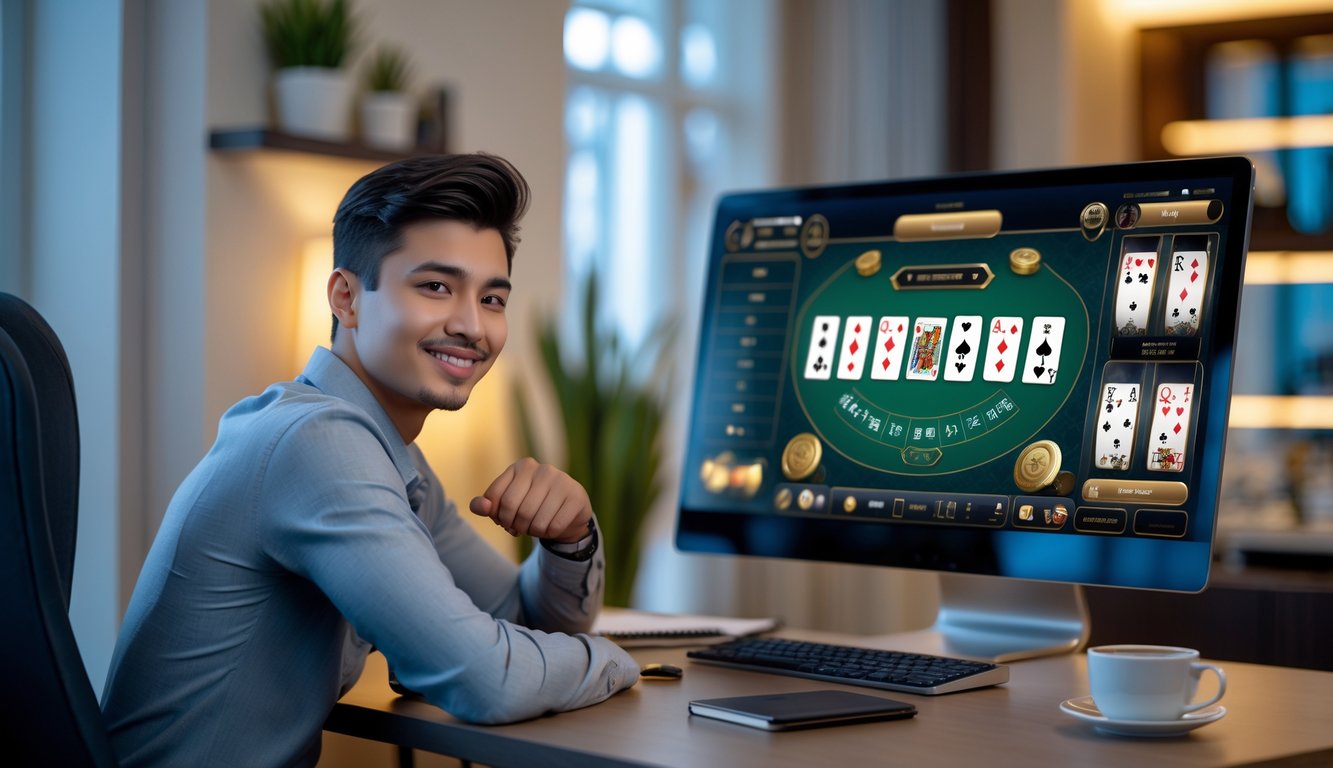 Seorang pemain muda yang santai dan fokus bermain baccarat online di depan komputer di ruangan yang nyaman.