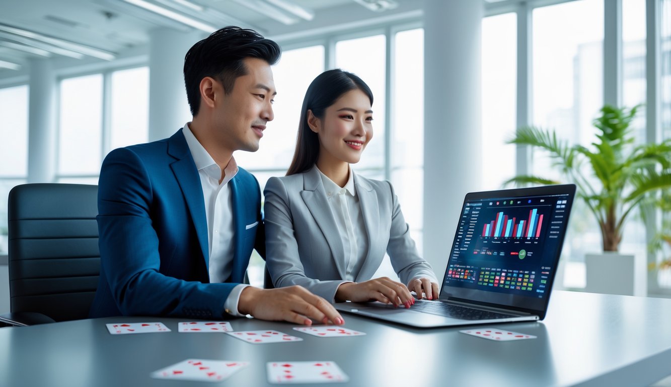 Seorang pria dan wanita Asia duduk bersama di meja modern, melihat layar laptop dengan kartu dan grafik, di ruangan kantor yang terang dan rapi.