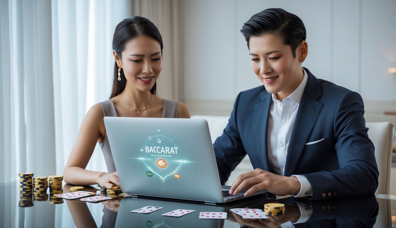 Seorang pria dan wanita duduk di meja modern bermain baccarat online menggunakan laptop dengan kartu dan chip di meja.