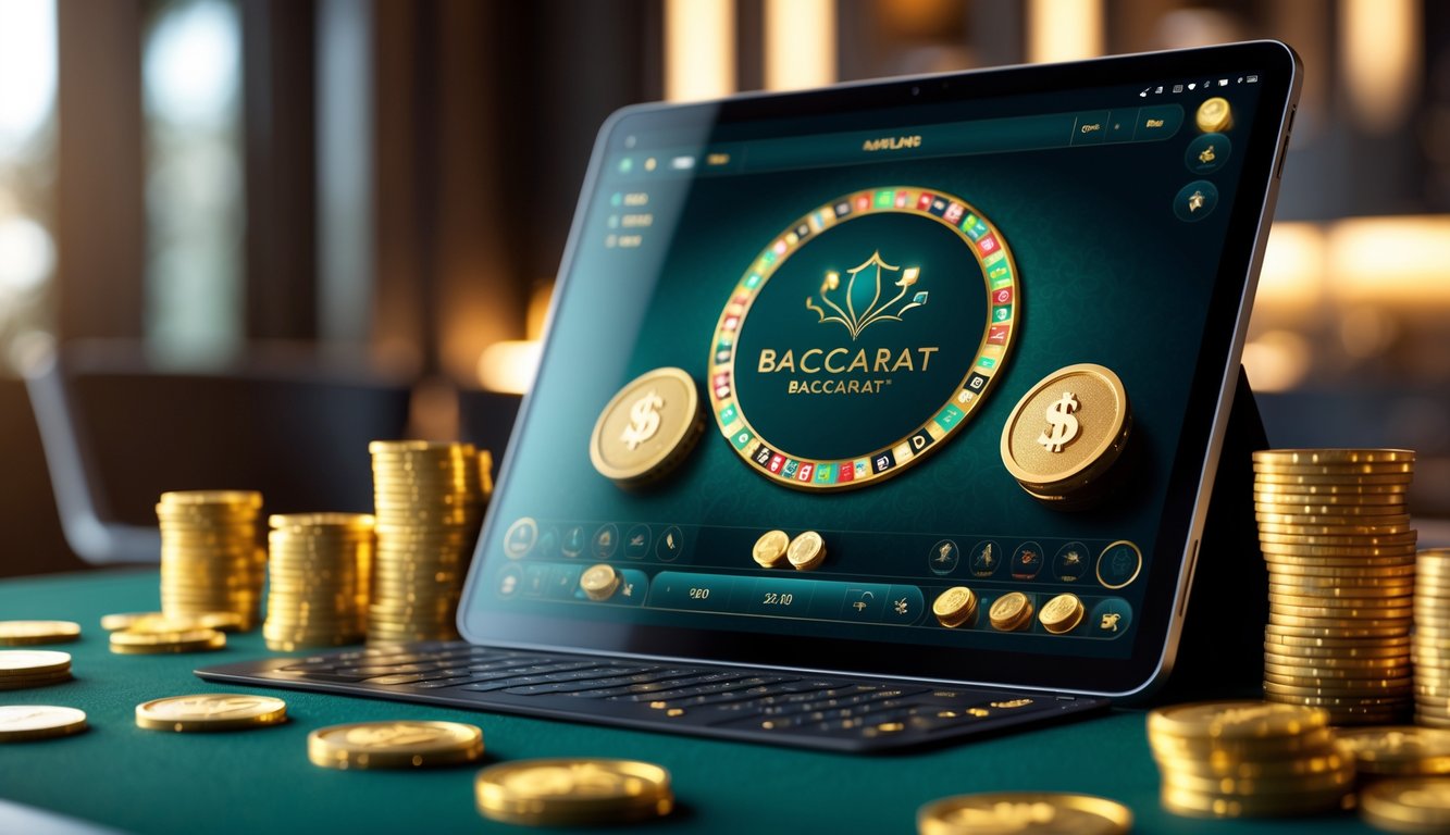 Layar perangkat digital menampilkan permainan baccarat dengan tumpukan chip dan koin emas di sekitarnya.