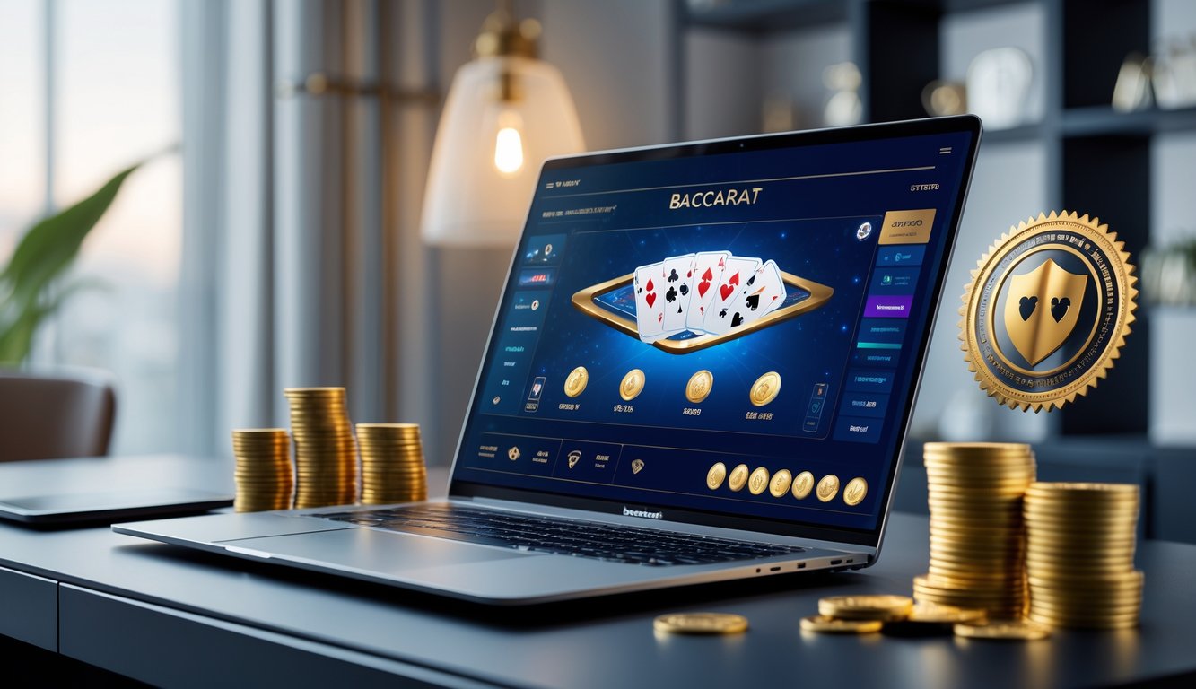 Sebuah meja kerja modern dengan komputer yang menampilkan permainan baccarat online dan tumpukan chip serta kartu remi di sekitarnya.