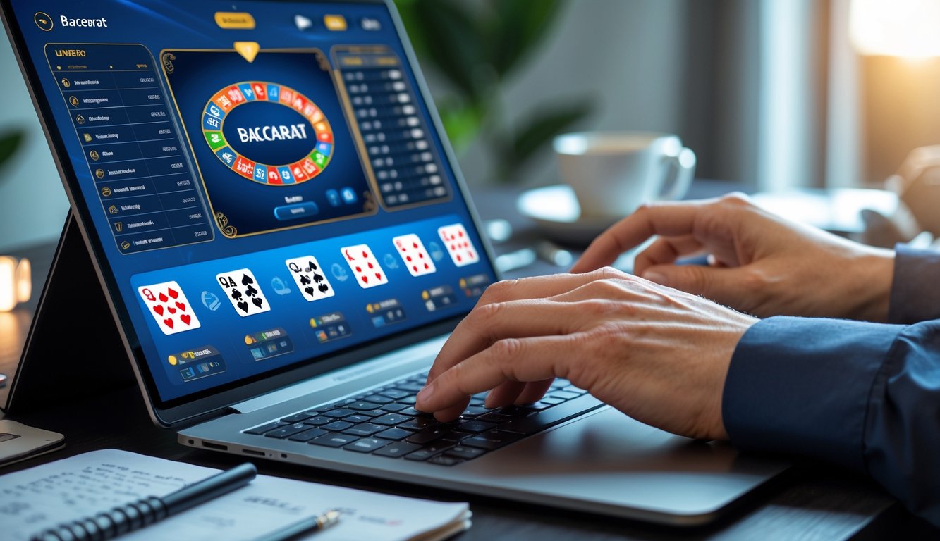 Seseorang menggunakan laptop untuk bermain baccarat online dengan kartu dan chip terlihat di layar, di ruang kerja yang rapi dan terang.