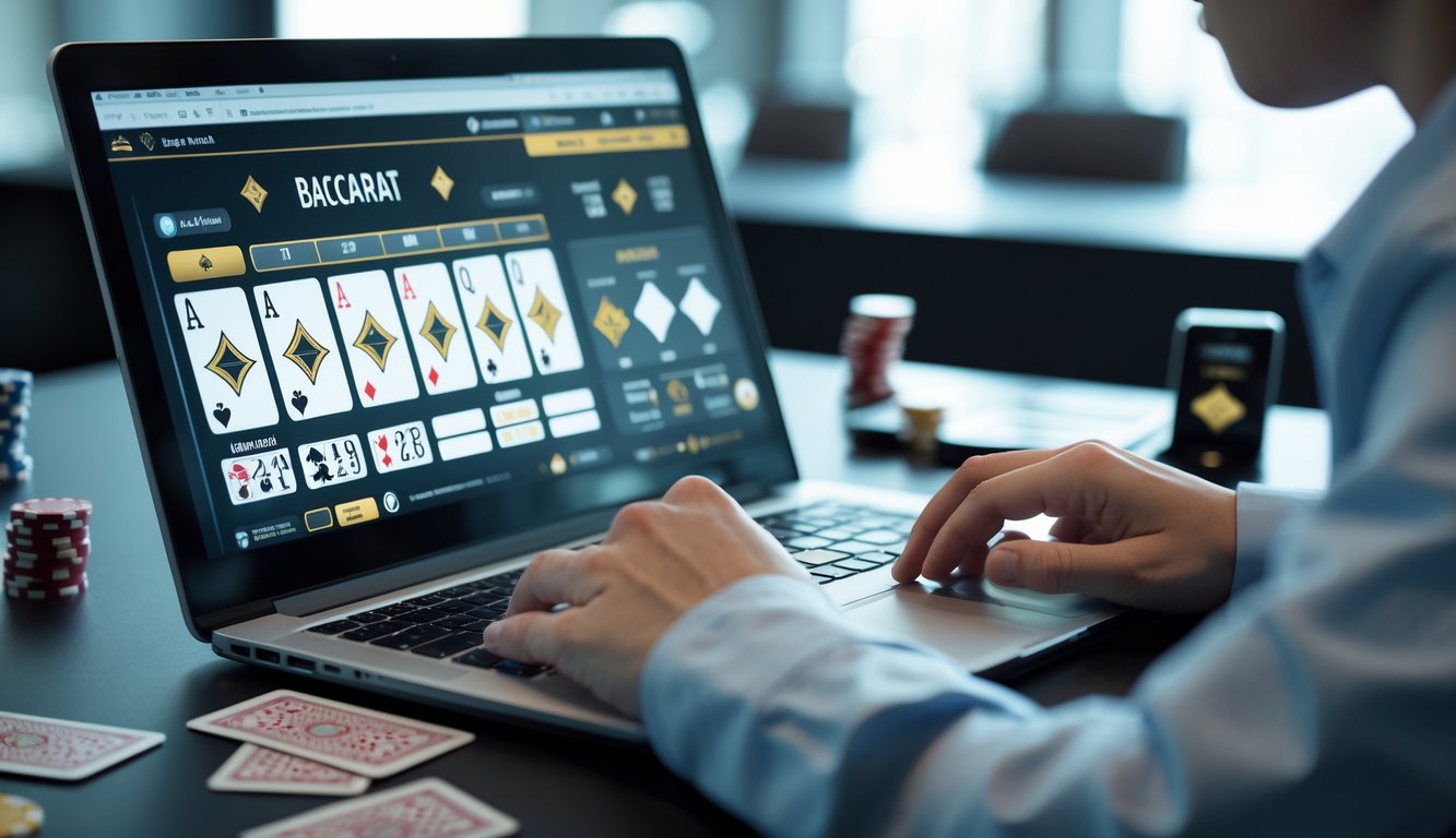 Seorang pemain menggunakan laptop dengan tampilan permainan baccarat online, di meja terdapat kartu dan chip poker.