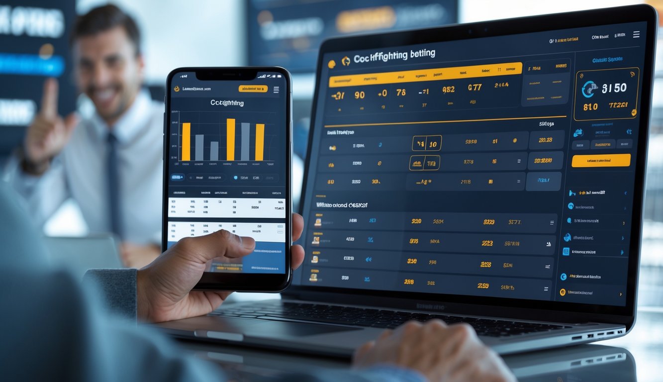 Seseorang menggunakan laptop dan ponsel untuk bermain taruhan sabung ayam dengan tampilan antarmuka digital yang modern.