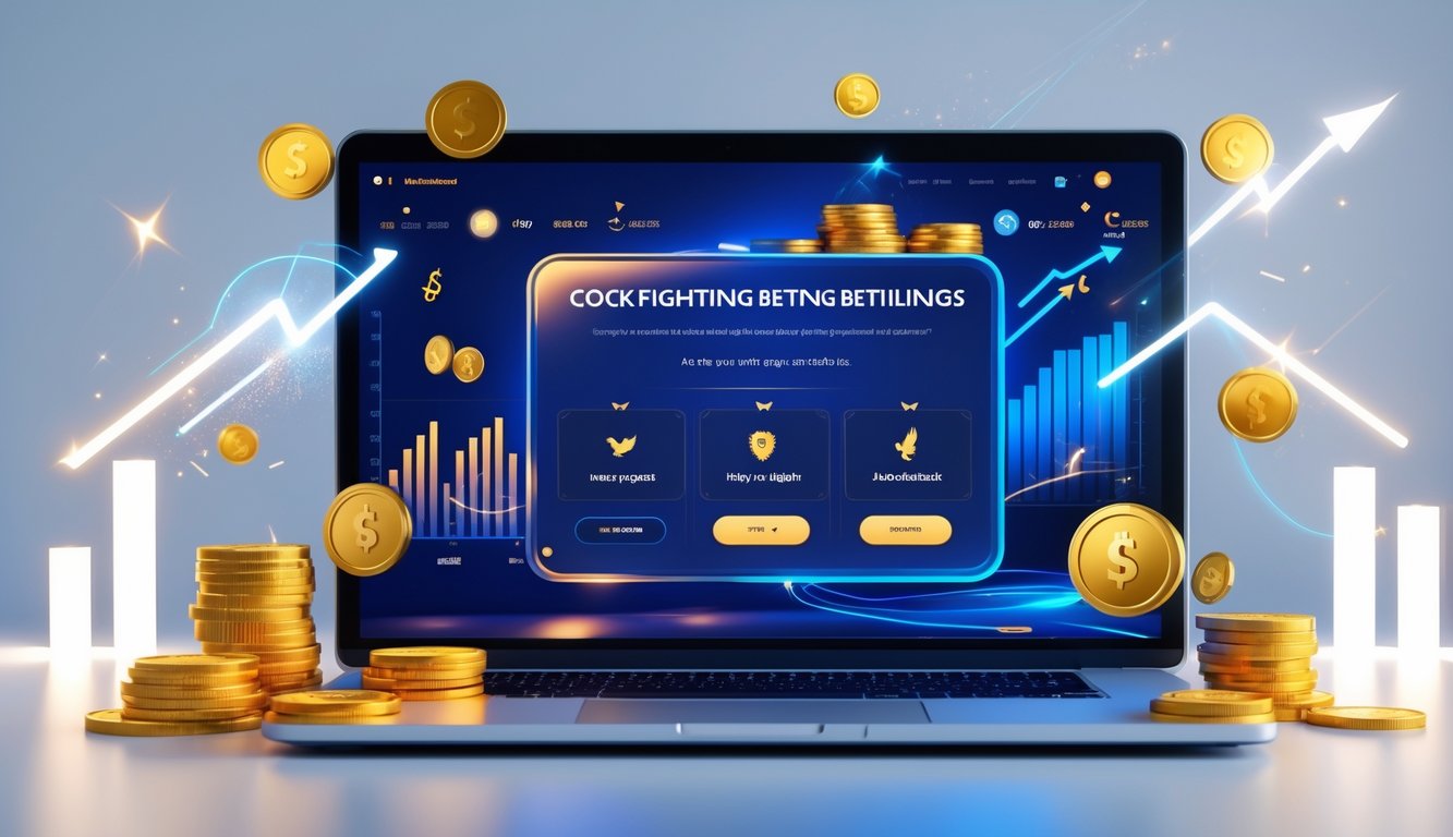 Layar komputer atau ponsel menampilkan platform taruhan sabung ayam dengan ikon deposit murah dan fitur kemenangan otomatis, dikelilingi grafik naik dan koin emas.