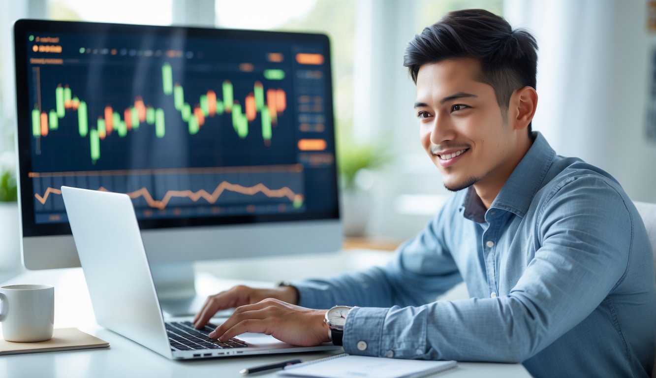 Seorang pria muda duduk di meja dengan laptop, fokus menganalisis strategi untuk menang di platform sabung ayam dengan deposit rendah.