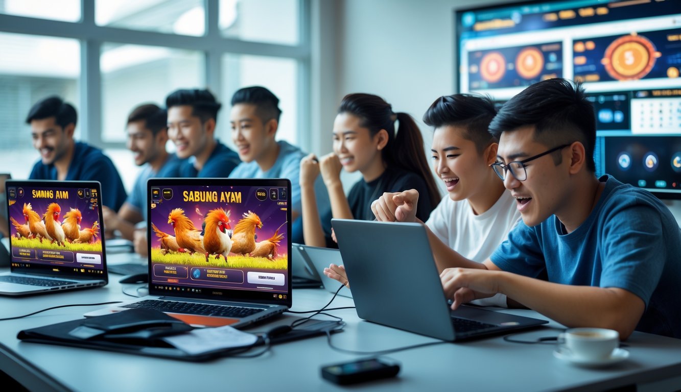 Sekelompok orang muda sedang bermain permainan sabung ayam secara online menggunakan laptop dan ponsel di ruang dalam yang terang.
