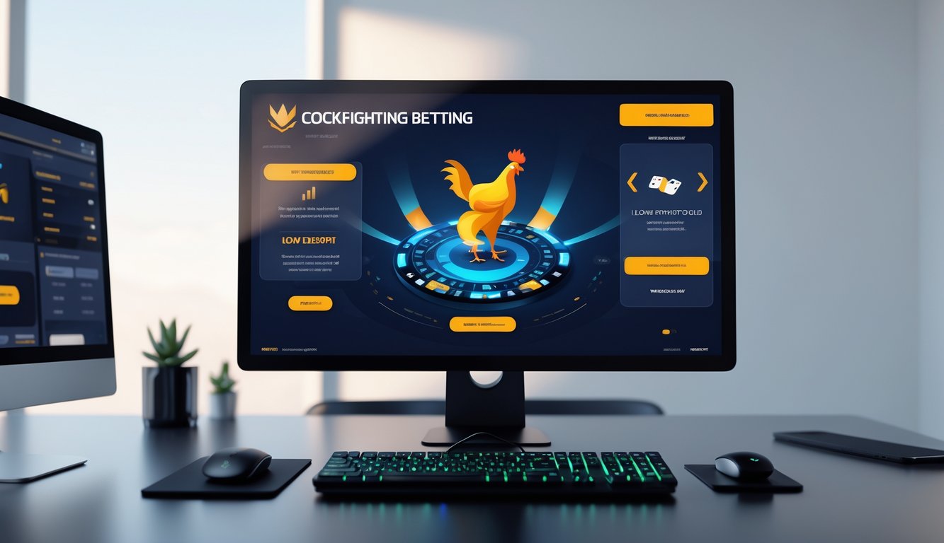 Meja kerja modern dengan komputer menampilkan antarmuka platform taruhan sabung ayam online, dilengkapi dengan aksesori gaming dan pencahayaan alami.