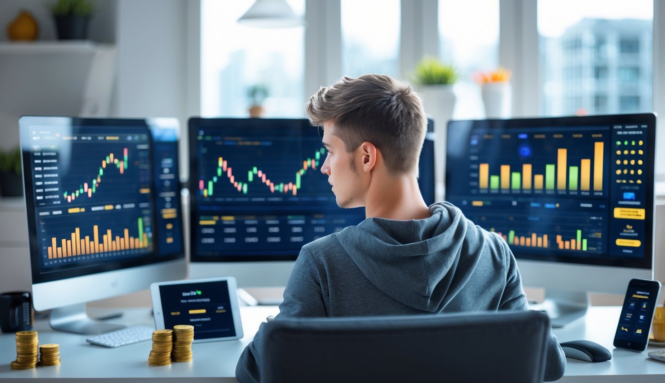 Seorang pria muda sedang menganalisis data di depan beberapa layar komputer dalam ruang kerja modern.