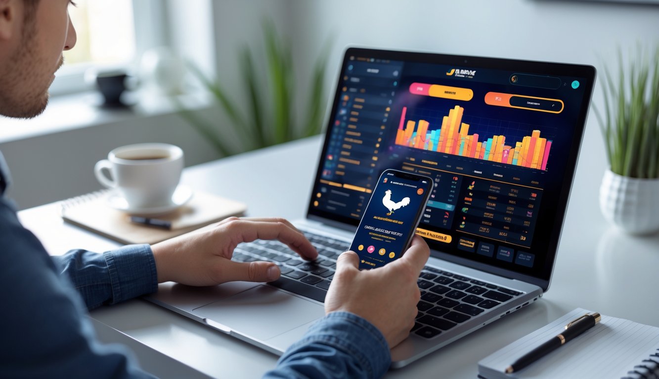 Seseorang menggunakan laptop dan ponsel di meja kerja dengan tampilan platform taruhan sabung ayam online.