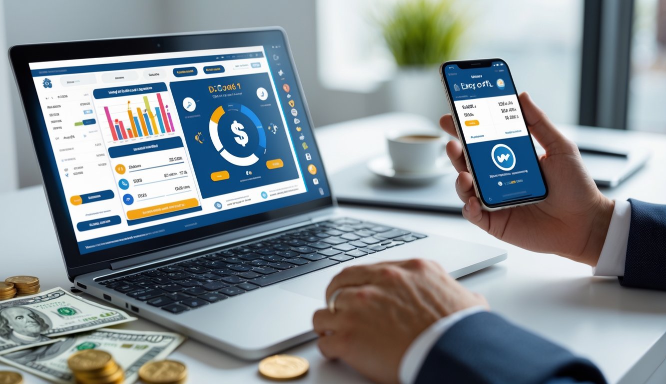 Seseorang menggunakan laptop dan ponsel untuk memasang taruhan sabung ayam online dengan suasana kerja yang rapi dan terang.