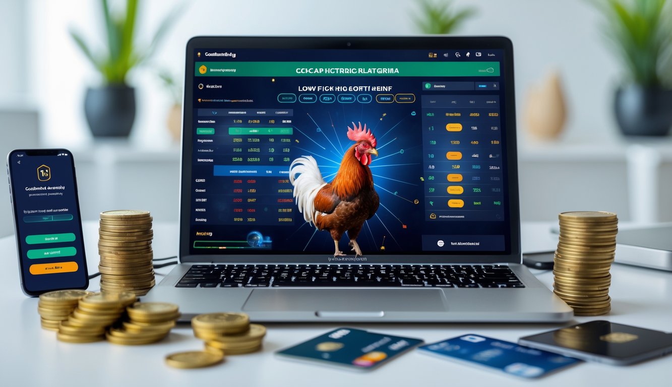 Seorang pria menggunakan laptop di meja kerja dengan tampilan platform sabung ayam online dan perangkat digital di sekitarnya.