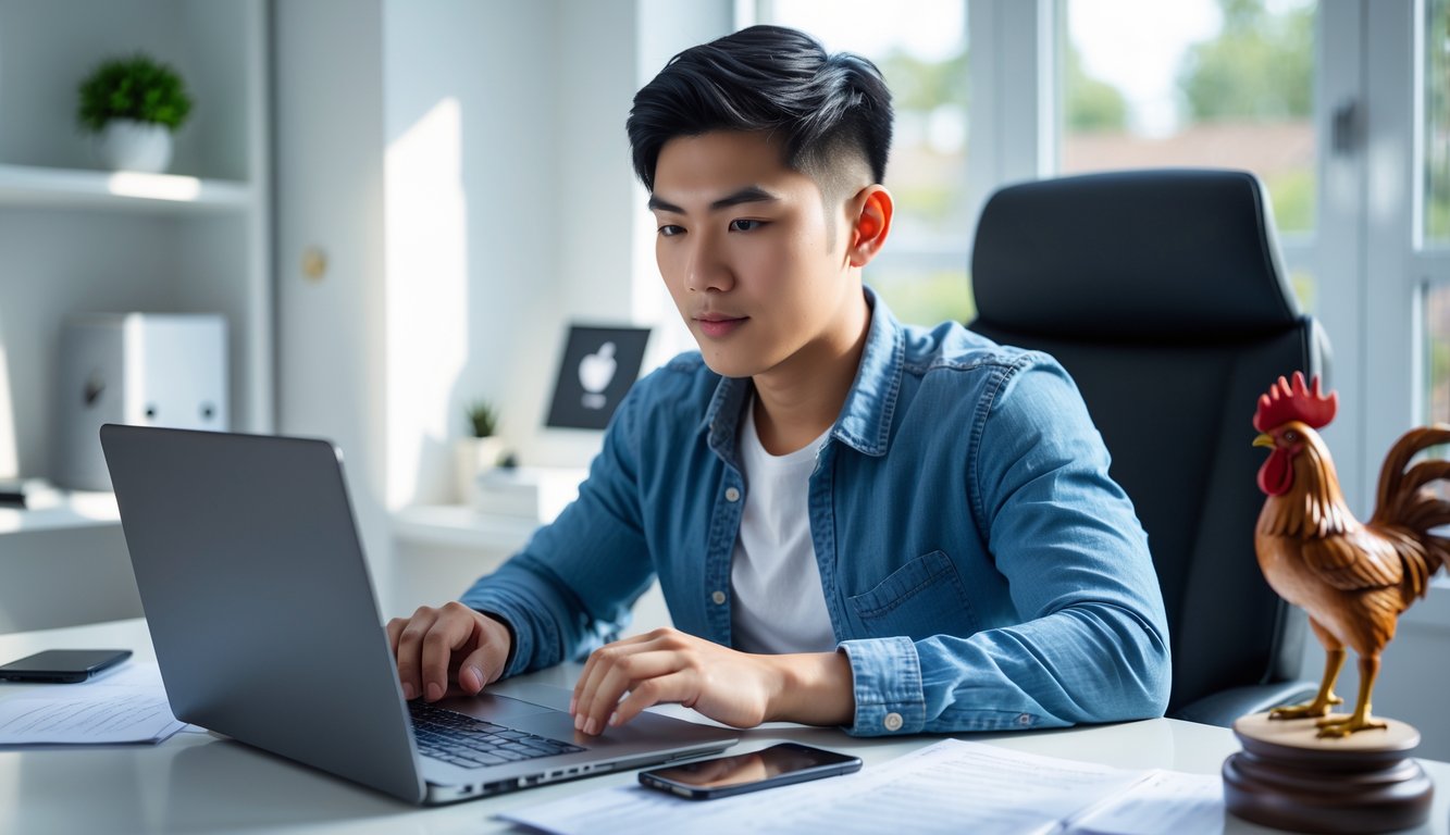 Seorang pria muda Asia Tenggara duduk di meja kerja dengan laptop di ruang kerja rumah yang terang dan rapi.