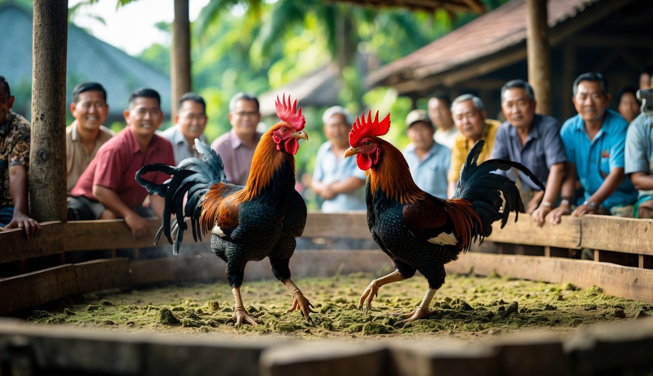 Dua ayam jago sedang bertarung dalam arena kayu dengan penonton yang antusias di sekitarnya di lingkungan tropis.