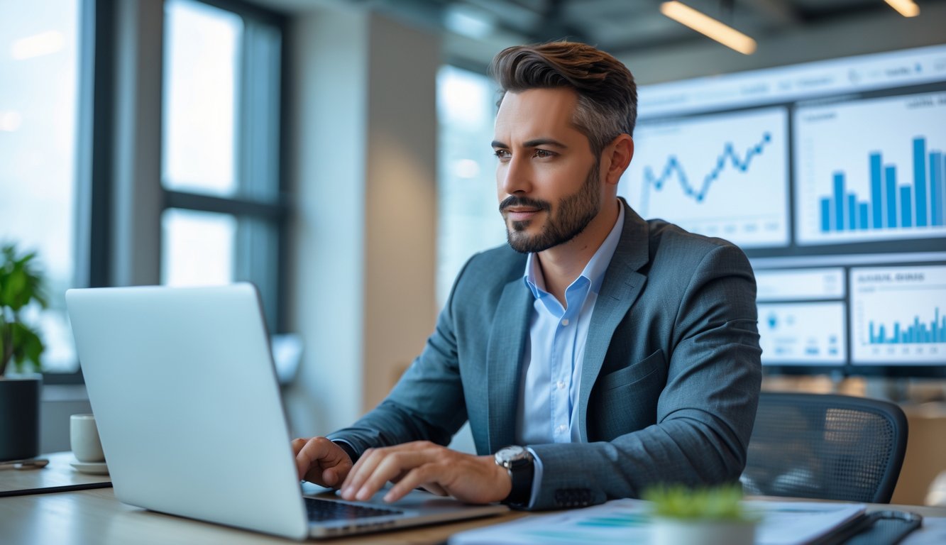 Seorang pria fokus bekerja dengan laptop di kantor modern yang terang, dikelilingi oleh grafik dan diagram yang menunjukkan tren naik.