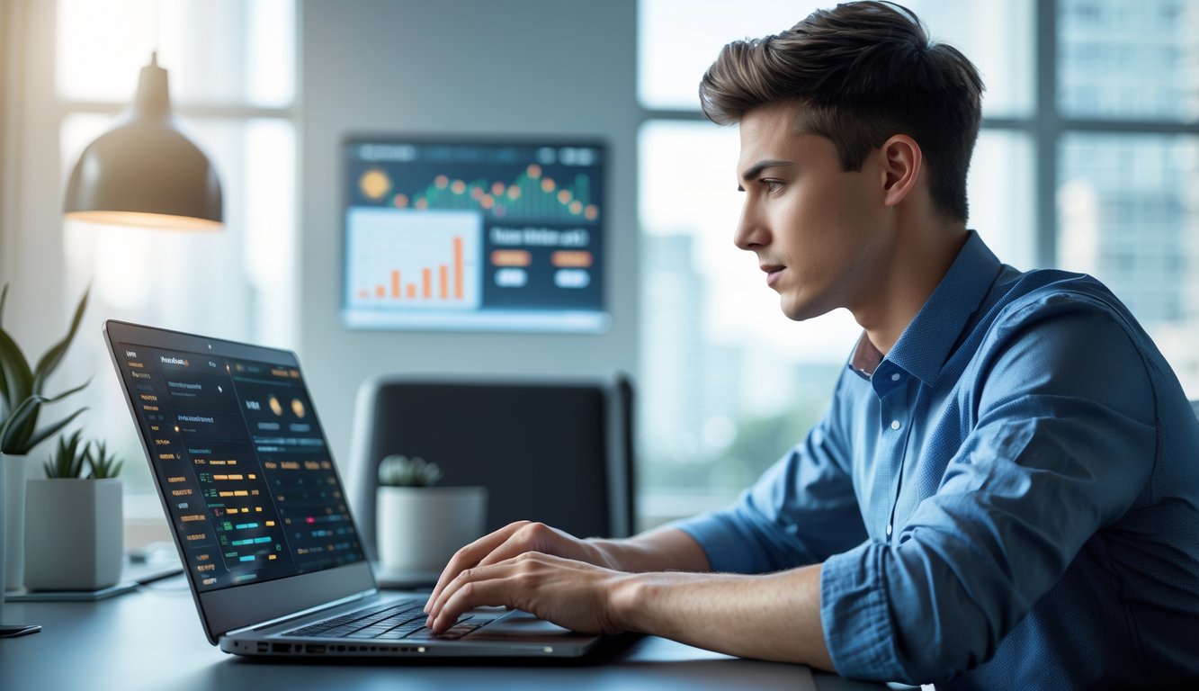 Seorang pria muda yang percaya diri sedang menganalisis data di laptop dalam ruang kerja modern yang terang.