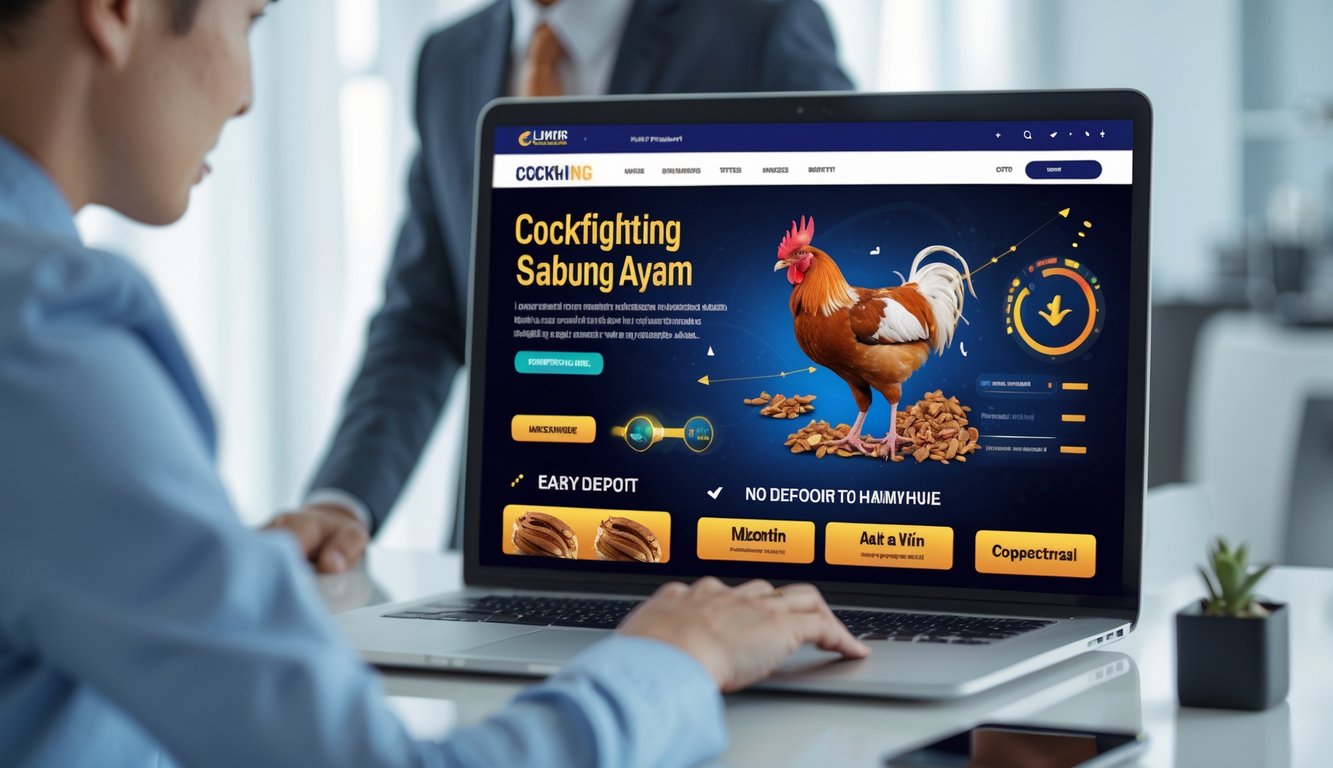Seseorang menggunakan komputer dengan tampilan platform permainan sabung ayam di layar dalam ruangan yang terang dan rapi.