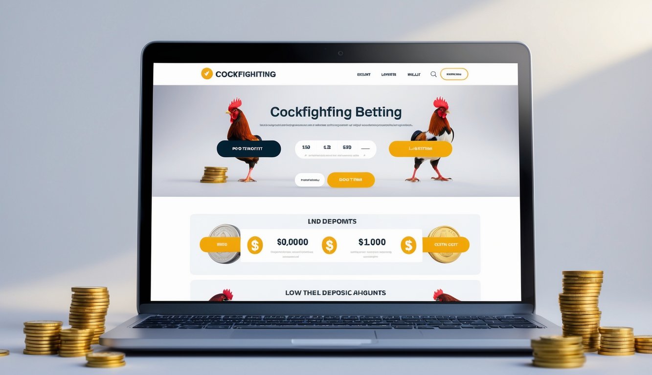 Seorang pengguna sedang melihat situs taruhan sabung ayam online di layar komputer dengan tampilan antarmuka yang jelas dan elemen uang di sekitar.