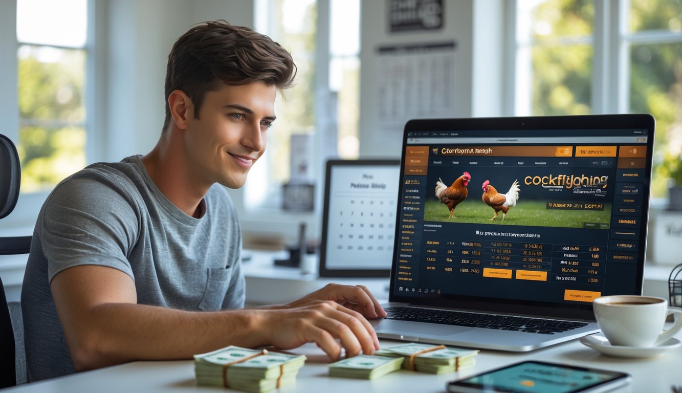 Seorang pria muda duduk di meja dengan laptop, tampak fokus pada layar yang menampilkan platform taruhan sabung ayam online, di ruang kerja rumah yang terang dan rapi.