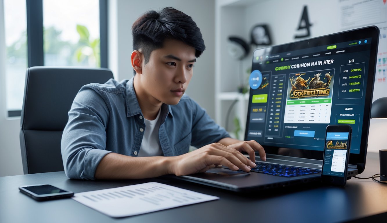Seorang pria muda duduk di depan laptop di ruang kerja rumah, fokus pada layar yang menampilkan platform taruhan sabung ayam online.