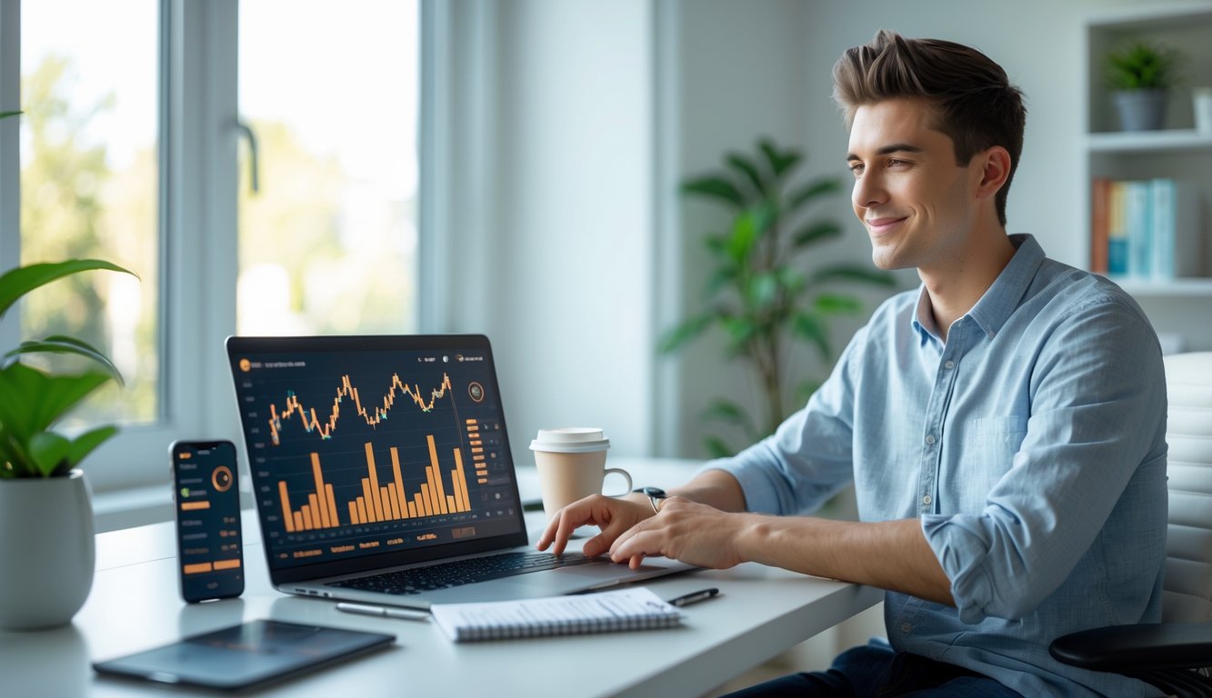 Seorang pria muda duduk di meja kerja dengan laptop, melihat data dan catatan di ruang kerja yang terang dan rapi.