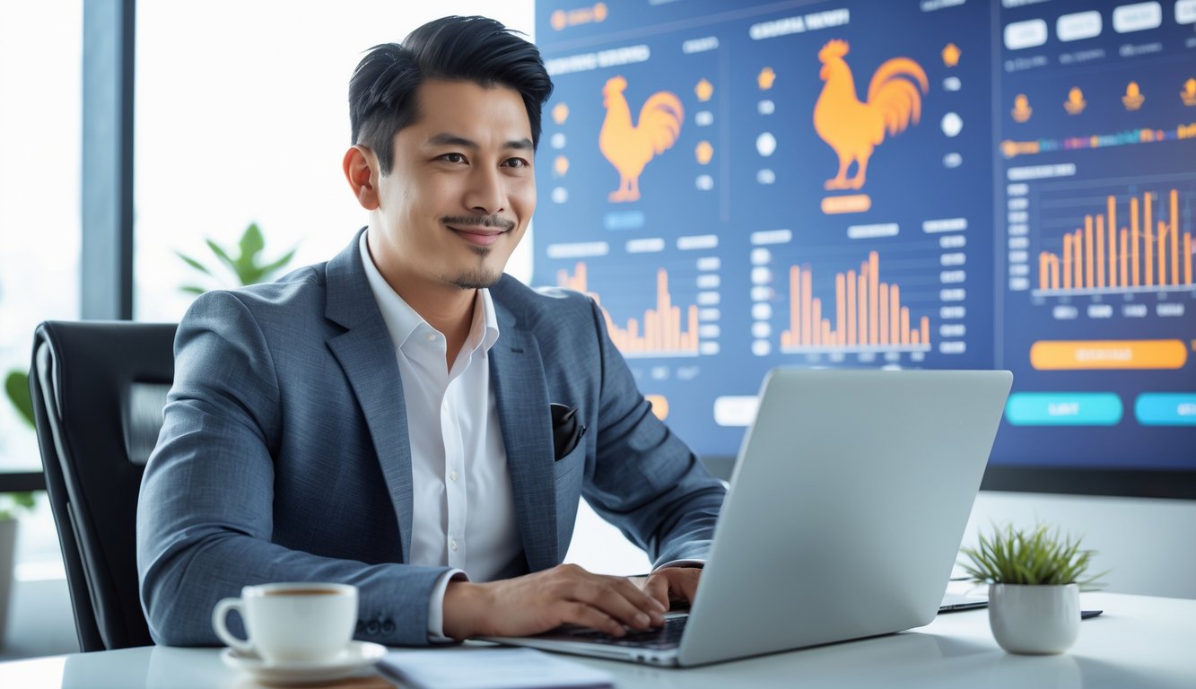 Seorang pria duduk di meja dengan laptop, menganalisis data dan strategi untuk kemenangan di platform sabung ayam online.