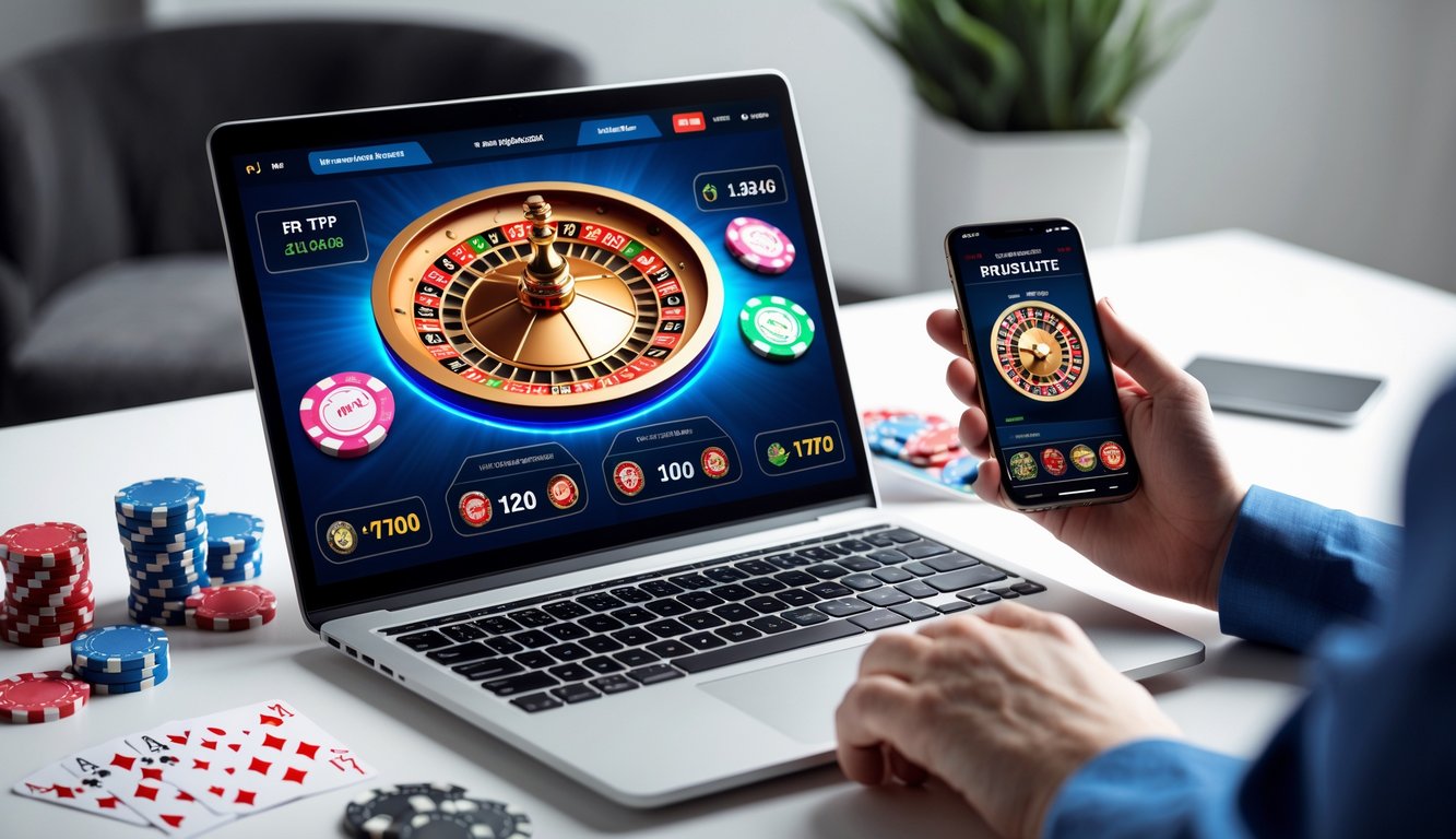 Seorang pemain pemula menggunakan laptop dan ponsel untuk bermain roulette online dengan latar meja permainan dan chip kasino.