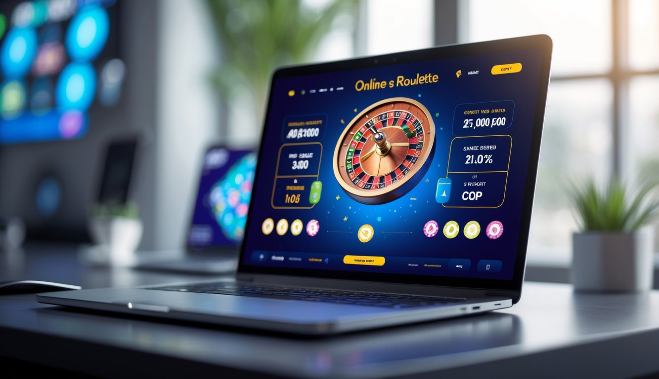 Sebuah laptop menampilkan permainan roulette online dengan roda roulette berwarna cerah dan antarmuka yang mudah digunakan.