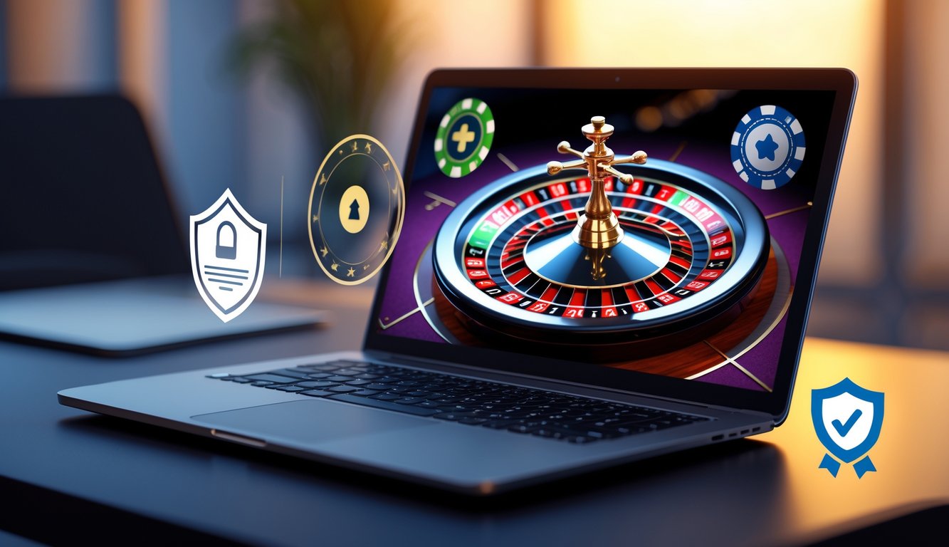 Seorang pengguna duduk di depan laptop yang menampilkan roda roulette online dengan simbol keamanan dan lisensi di layar.