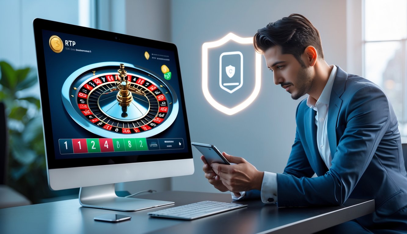 Seorang pria atau wanita menggunakan laptop yang menampilkan roda roulette online dengan latar belakang simbol keamanan dan sertifikat lisensi.