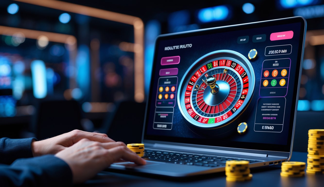 Seseorang bermain roulette online dengan layar komputer menampilkan roda roulette dan chip di meja permainan.