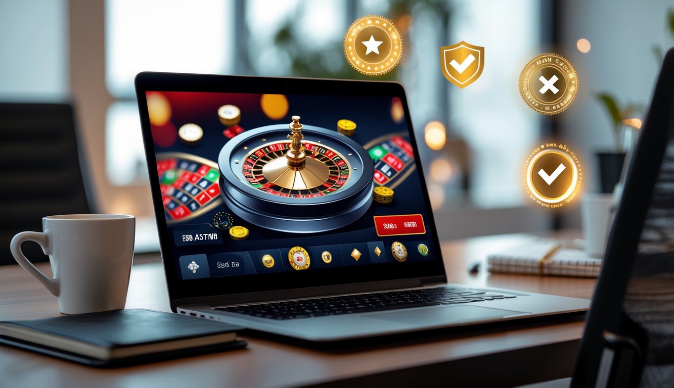 Sebuah meja kerja dengan komputer yang menampilkan permainan roulette online, dikelilingi oleh elemen yang menunjukkan kepercayaan dan profesionalisme.