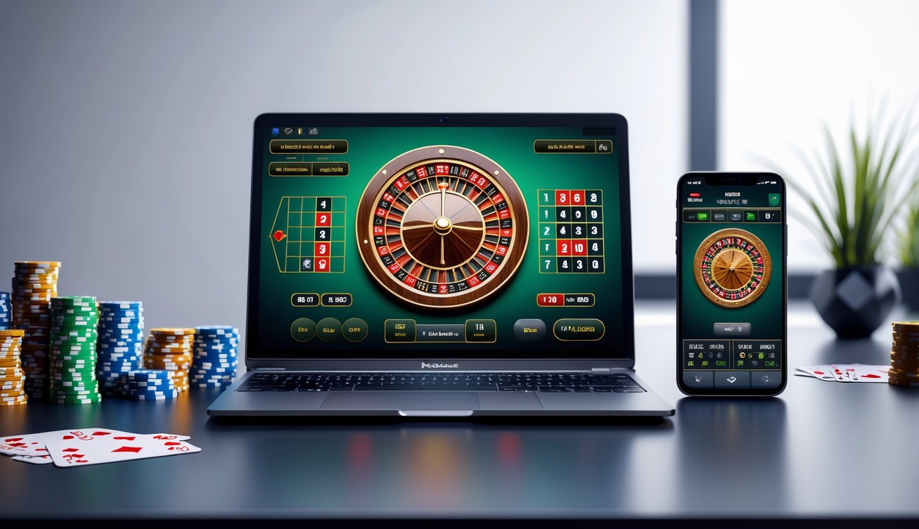 Sebuah laptop dan ponsel menampilkan permainan roulette online dengan meja dan chip poker di latar belakang.