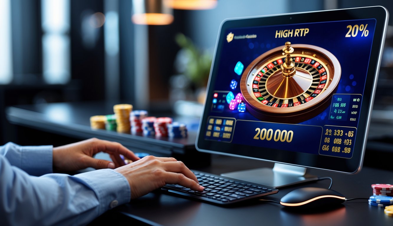 Seseorang bermain roulette online di depan komputer dengan tampilan roda roulette digital yang jelas dan lingkungan kerja yang rapi.