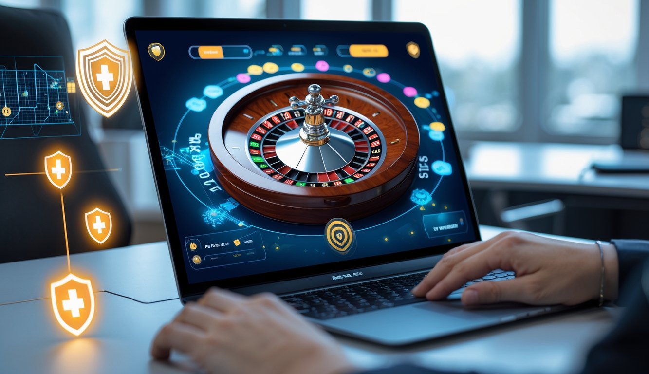 Seseorang bermain roulette online di depan komputer dengan tampilan roda roulette digital dan simbol keamanan di latar belakang.