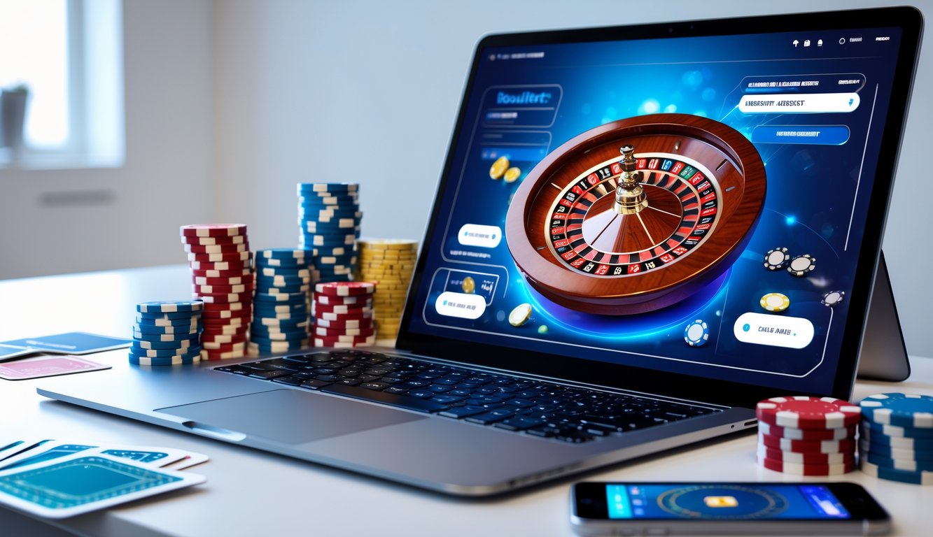 Sebuah meja dengan komputer menampilkan permainan roulette online, dikelilingi oleh tumpukan chip kasino dan kartu remi.